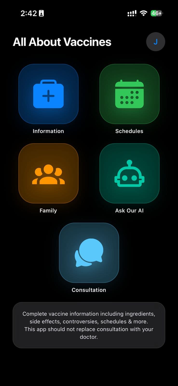 Vaccines.app home screen