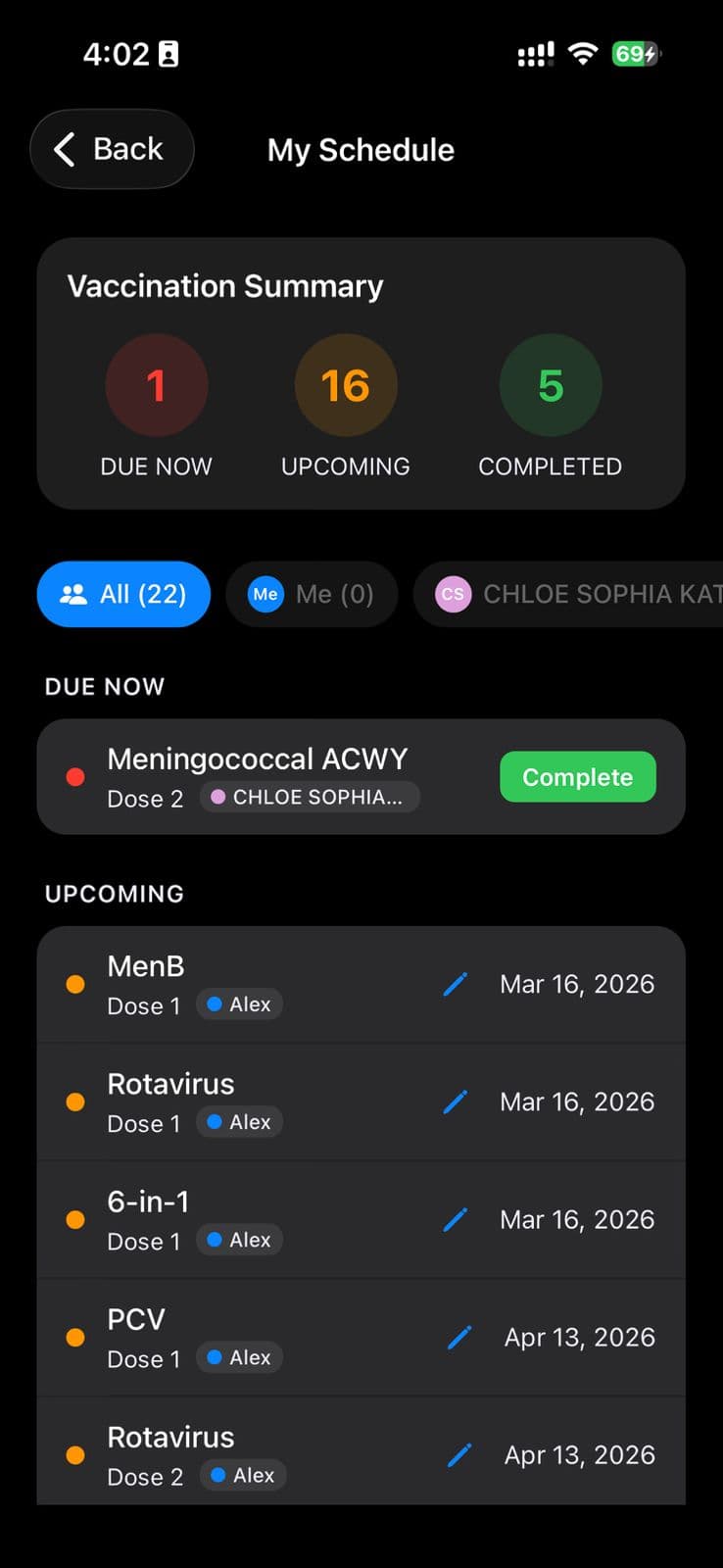 Vaccines.app schedule screen