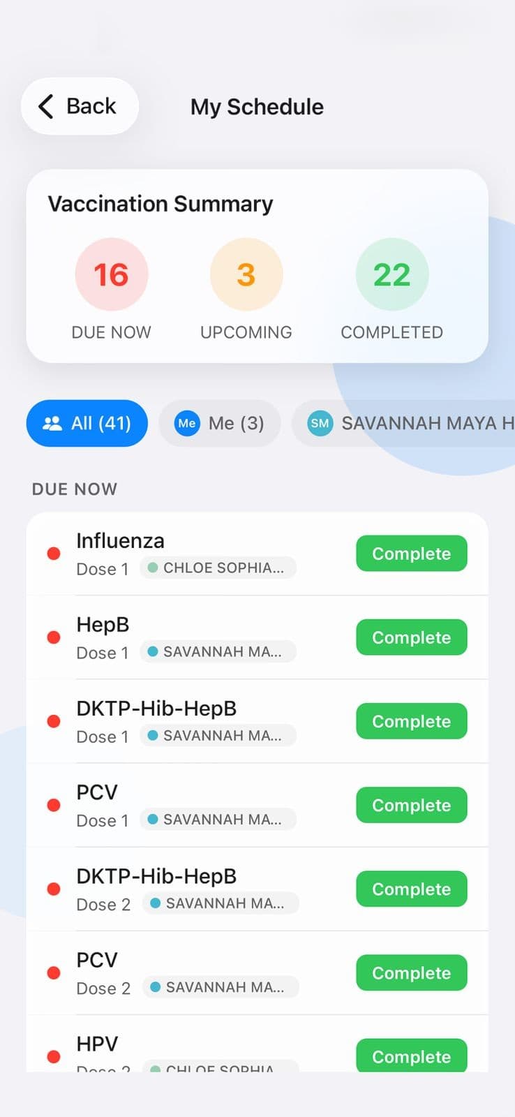 Vaccines.app schedule screen