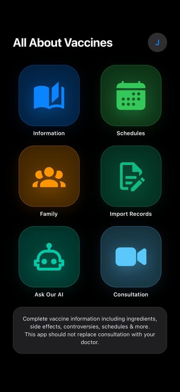 Vaccines.app home screen