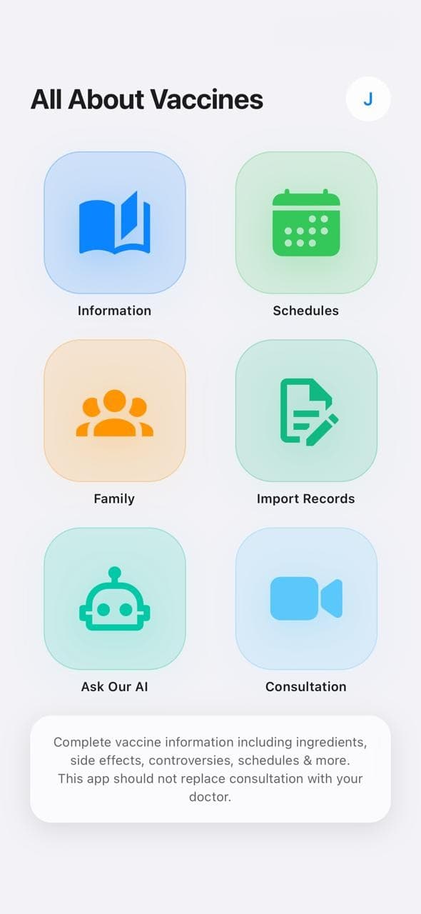 Vaccines.app home screen