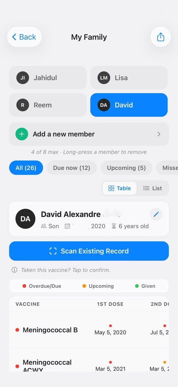 Vaccines.app family screen